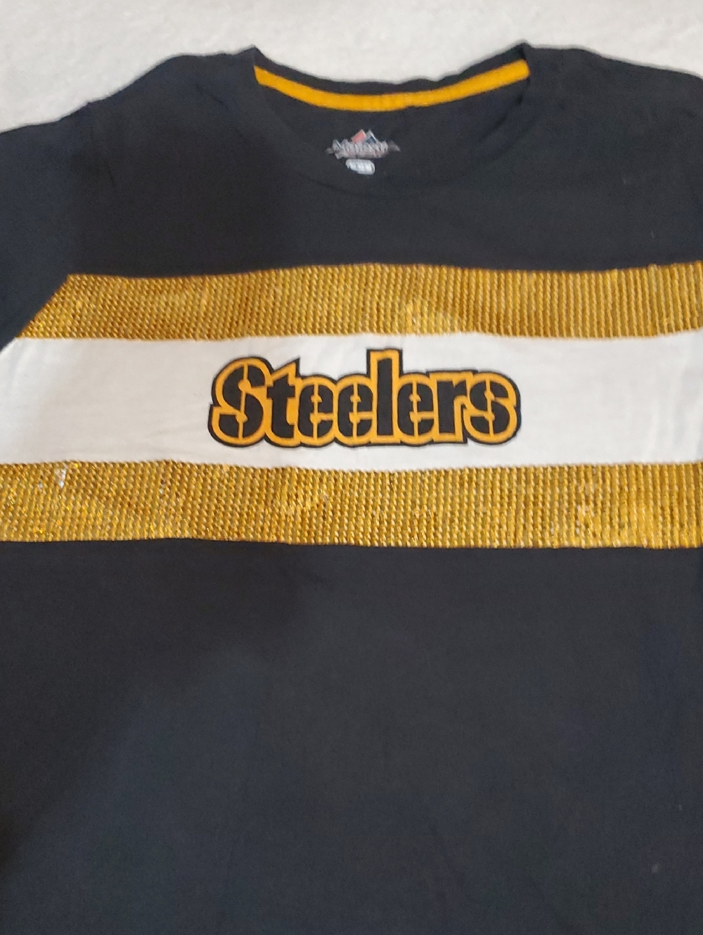 Majestic Black Tee with Gold Neck Stripe Sz. Med